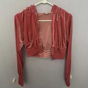Pink velvet cropped hoodie